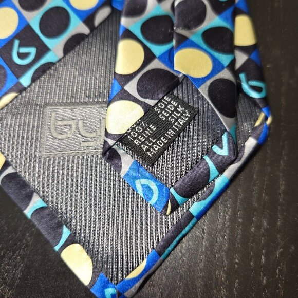 Byblos Men's 100% Silk Tie Made in Italy Blue Yellow Polka Dot Geometric Pattern - Picture 2 of 6